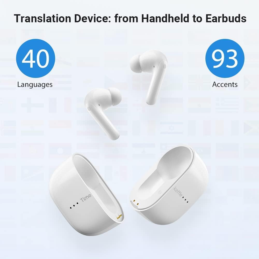 Auriculares Timekettle Traductores para 40 idiomas y 13 paquetes de traducción sin conexión.